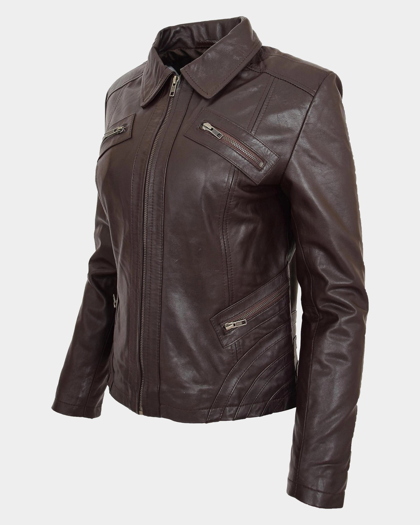 Womens Classic Leather Biker Zip Box Jacket Zenith Brown