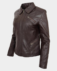Womens Classic Leather Biker Zip Box Jacket Zenith Brown