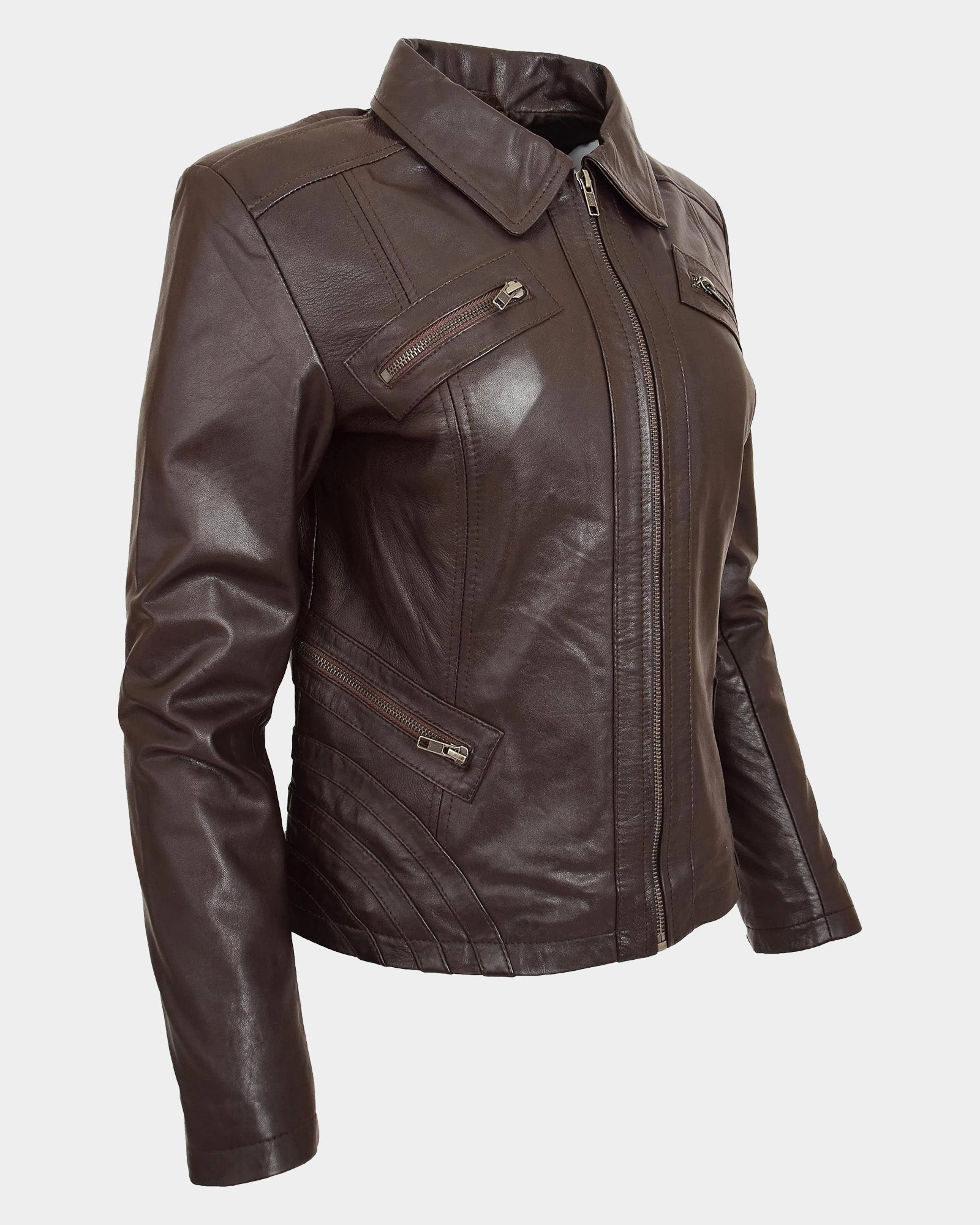 Womens Classic Leather Biker Zip Box Jacket Zenith Brown