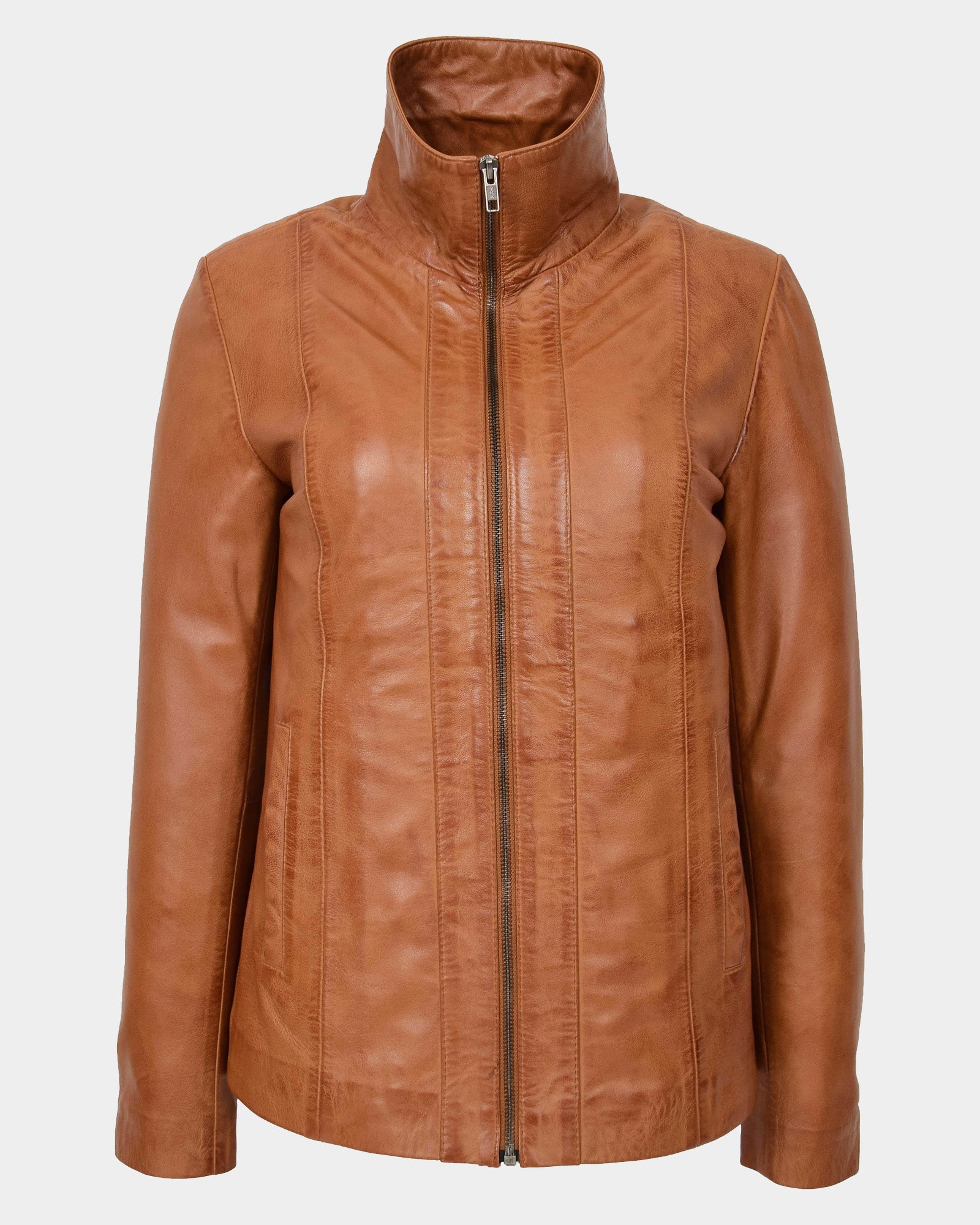 Womens Classic Zip Fastening Leather Jacket Julia Dynamo Tan