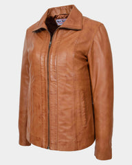 Womens Classic Zip Fastening Leather Jacket Julia Dynamo Tan
