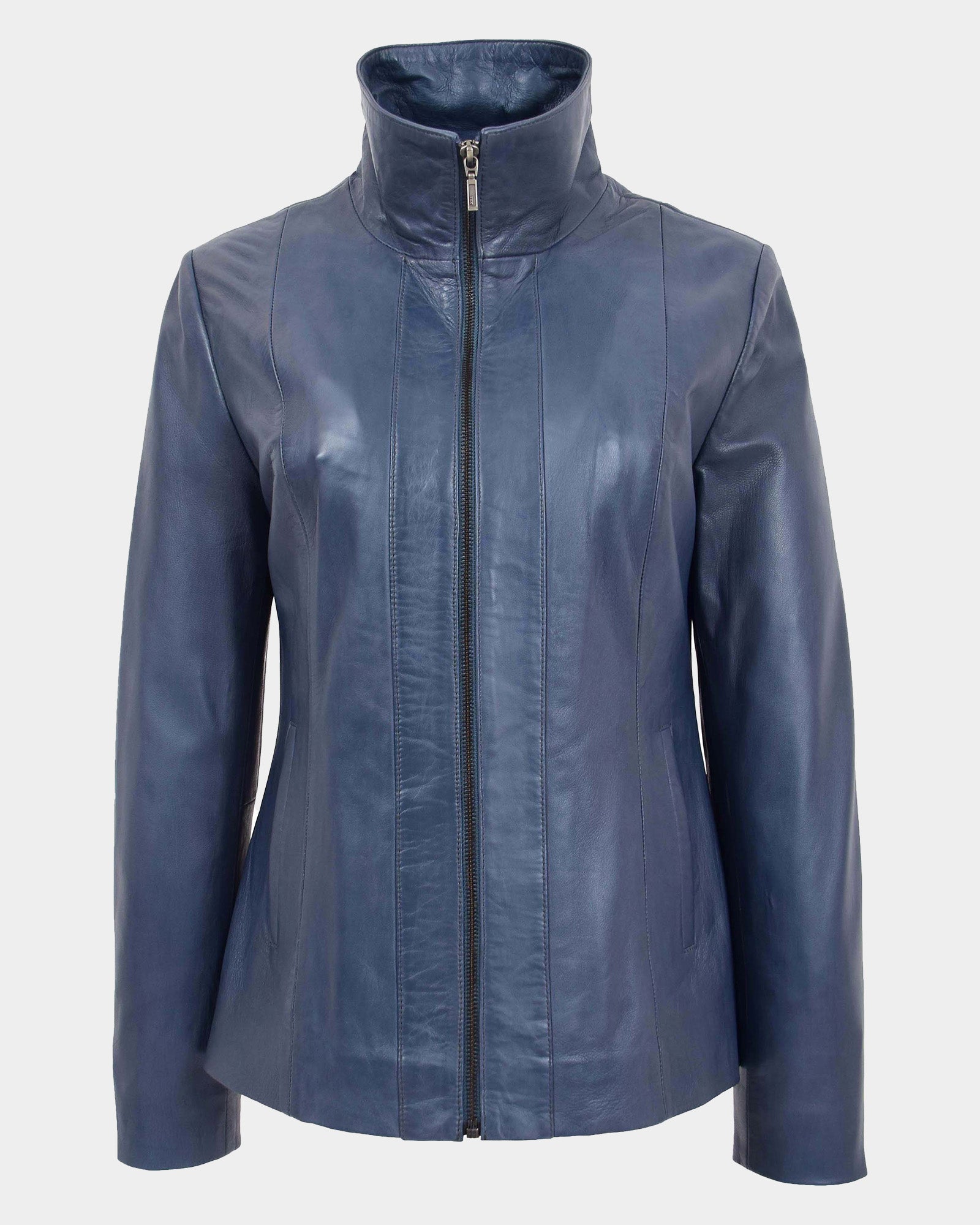 Womens Classic Zip Fastening Leather Jacket Julia  Radiant Blue