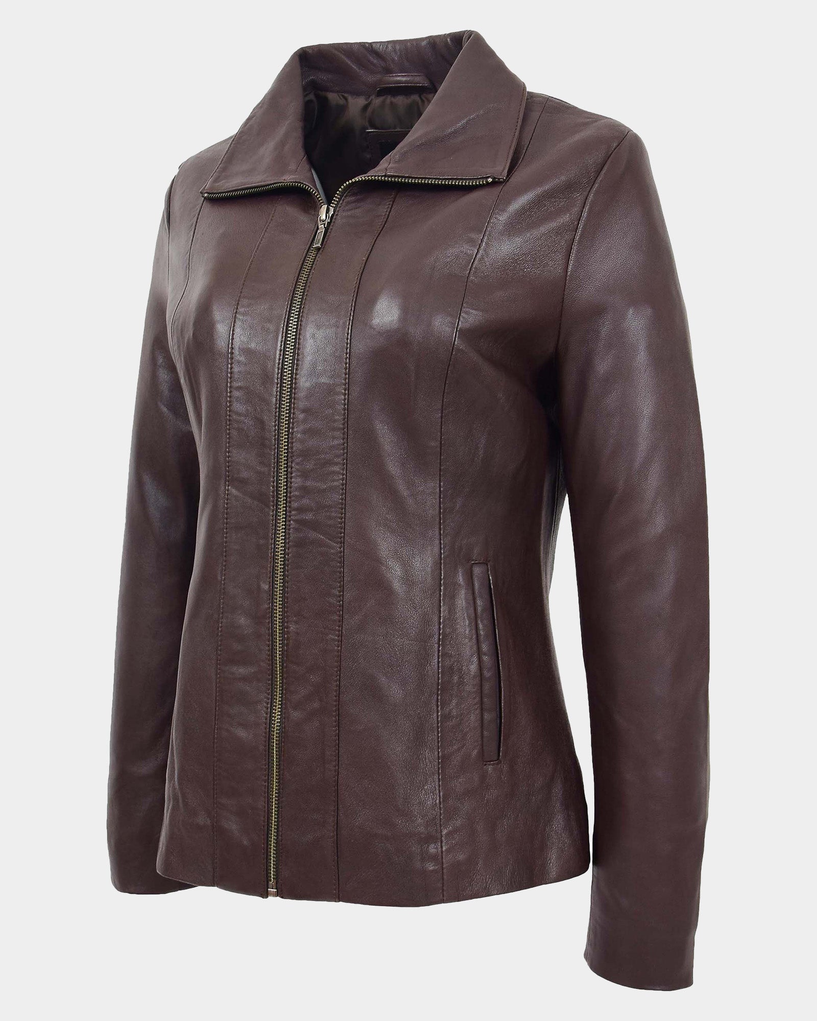 Womens Classic Zip Fastening Leather Jacket Julia Zenith Brown