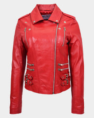 Womens Cross Zip Biker Leather Jacket Cara Ignite Red
