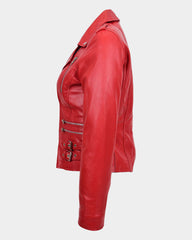 Womens Cross Zip Biker Leather Jacket Cara Ignite Red