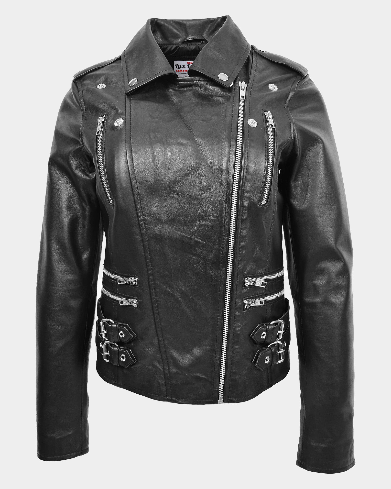Womens Cross Zip Biker Leather Jacket Cara Nova Black