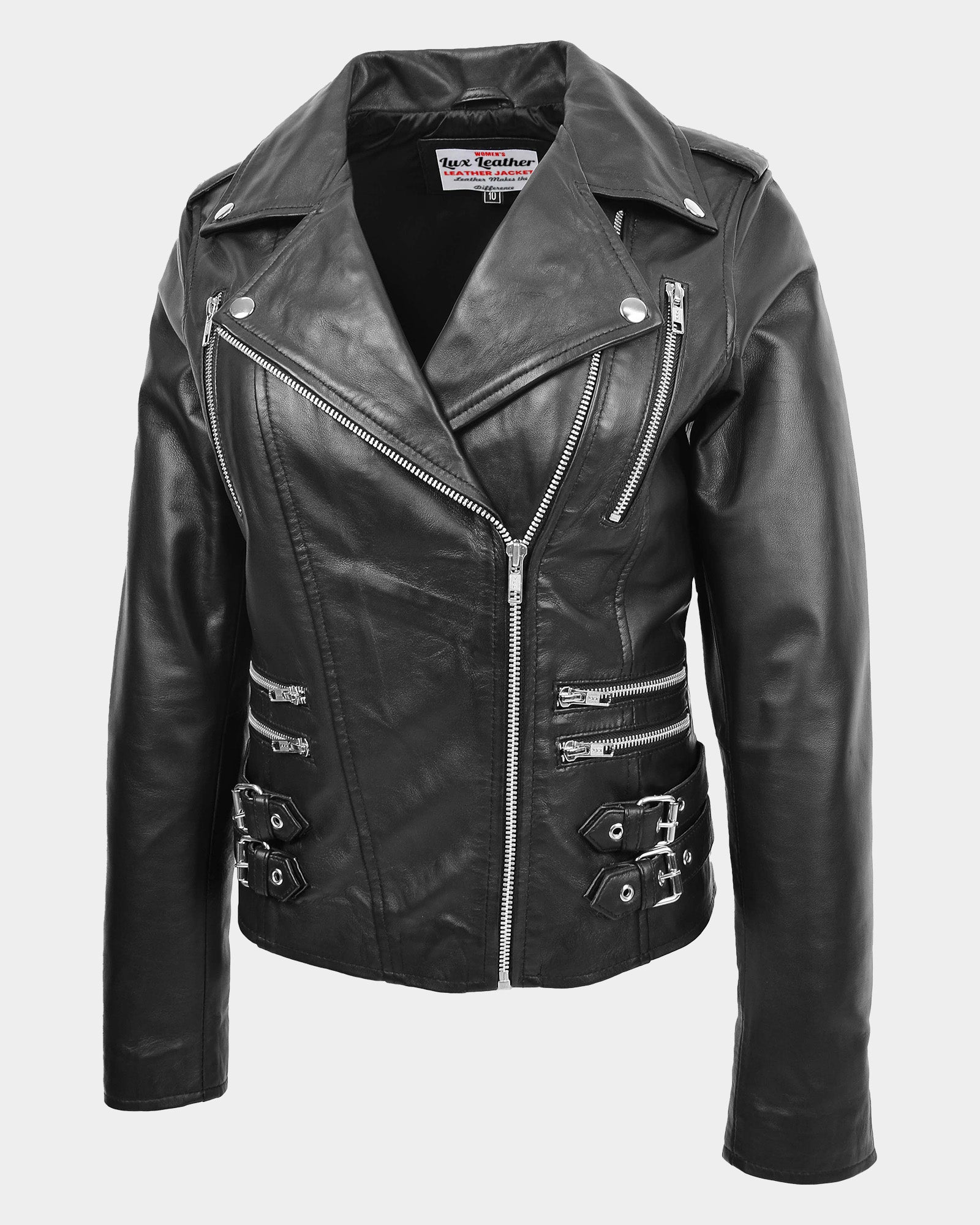 Womens Cross Zip Biker Leather Jacket Cara Nova Black