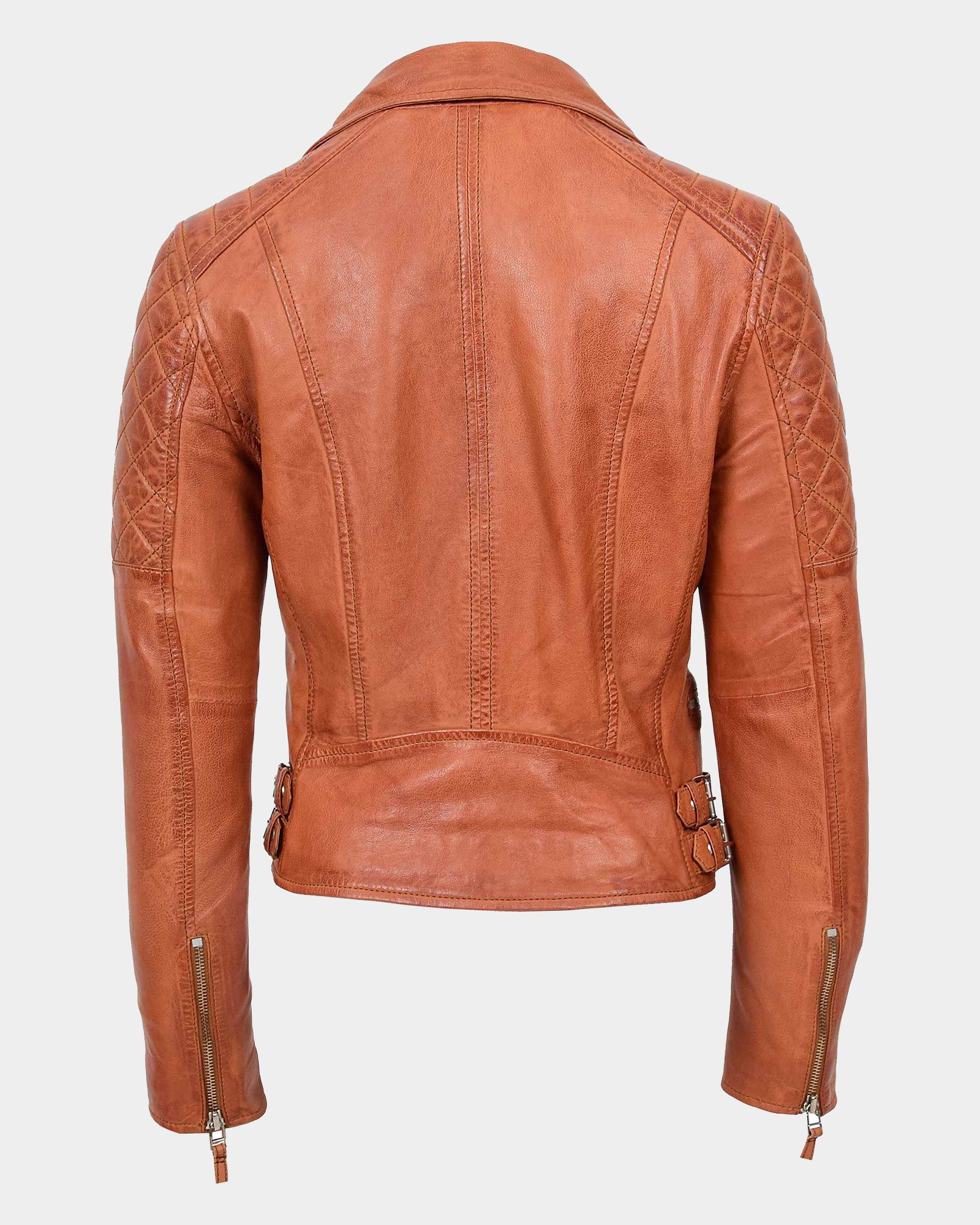 Womens Cross Zip Biker Leather Jacket Claudia Celestial Cognac