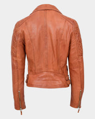 Womens Cross Zip Biker Leather Jacket Claudia Celestial Cognac