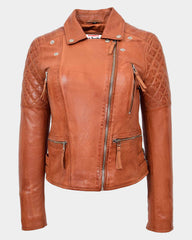 Womens Cross Zip Biker Leather Jacket Claudia Celestial Cognac