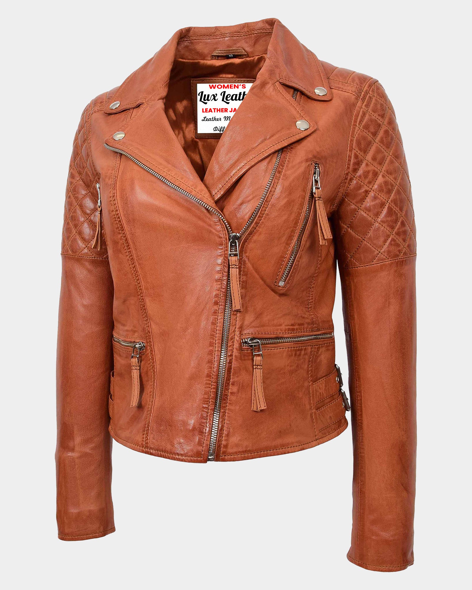Womens Cross Zip Biker Leather Jacket Claudia Celestial Cognac