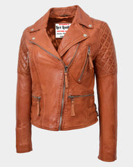 Womens Cross Zip Biker Leather Jacket Claudia Celestial Cognac