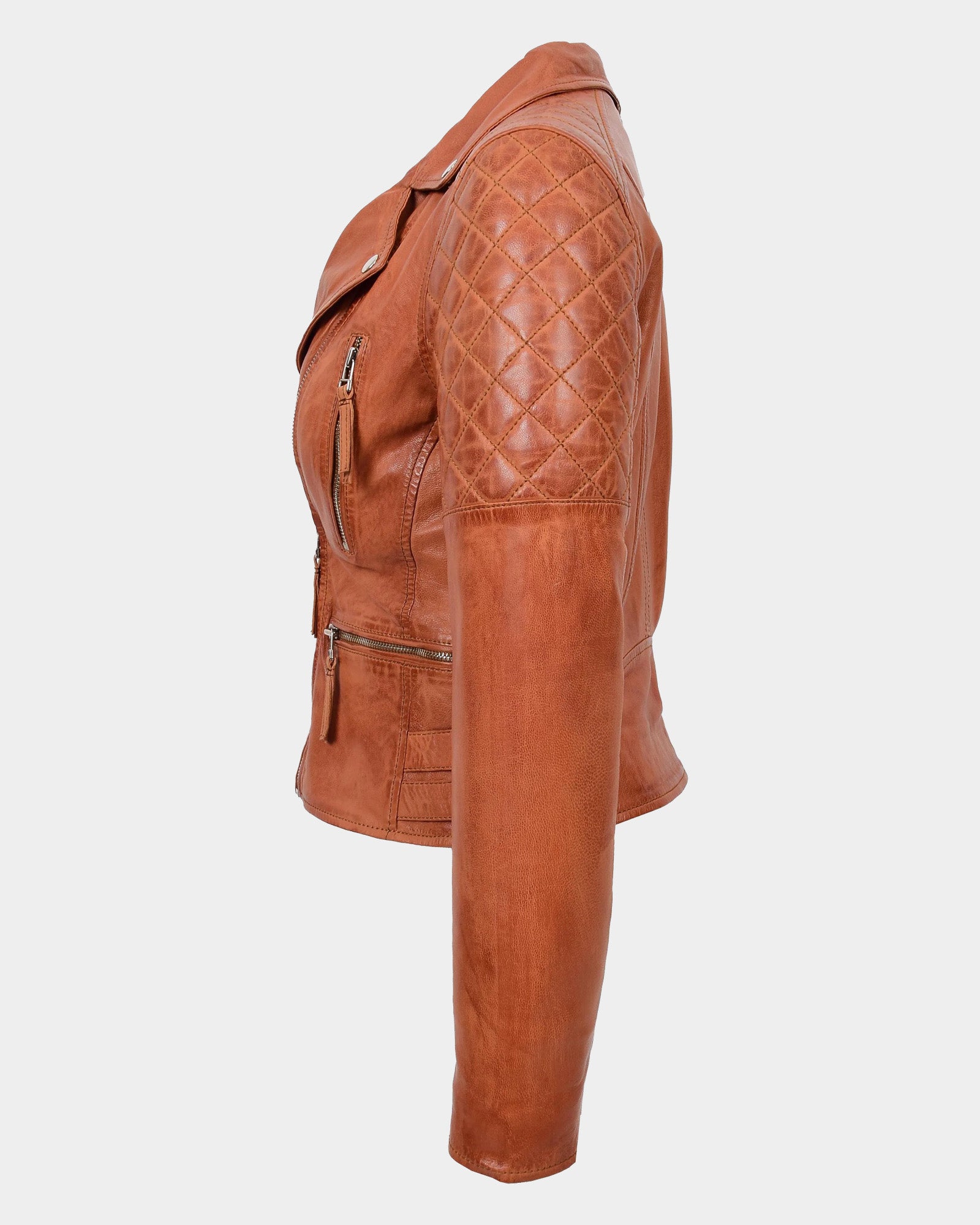 Womens Cross Zip Biker Leather Jacket Claudia Celestial Cognac