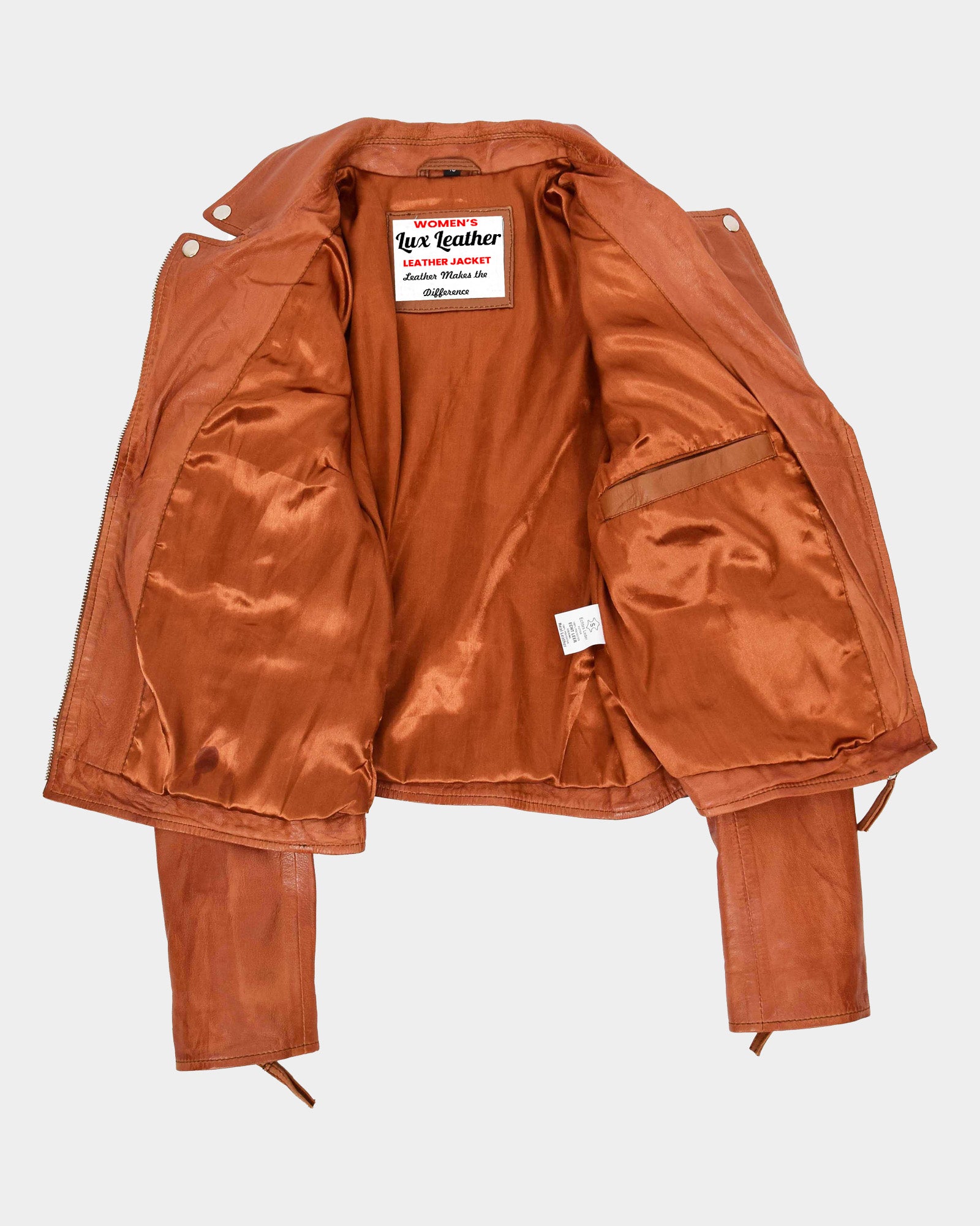 Womens Cross Zip Biker Leather Jacket Claudia Celestial Cognac