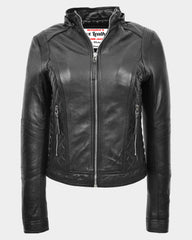 Womens Detachable Hoodie Biker Leather Jacket Lily Nova Black