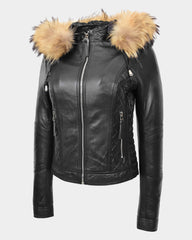 Womens Detachable Hoodie Biker Leather Jacket Lily Nova Black
