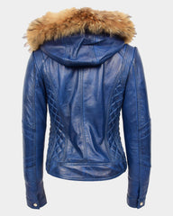 Womens Detachable Hoodie Biker Leather Jacket Lily Radiant Blue