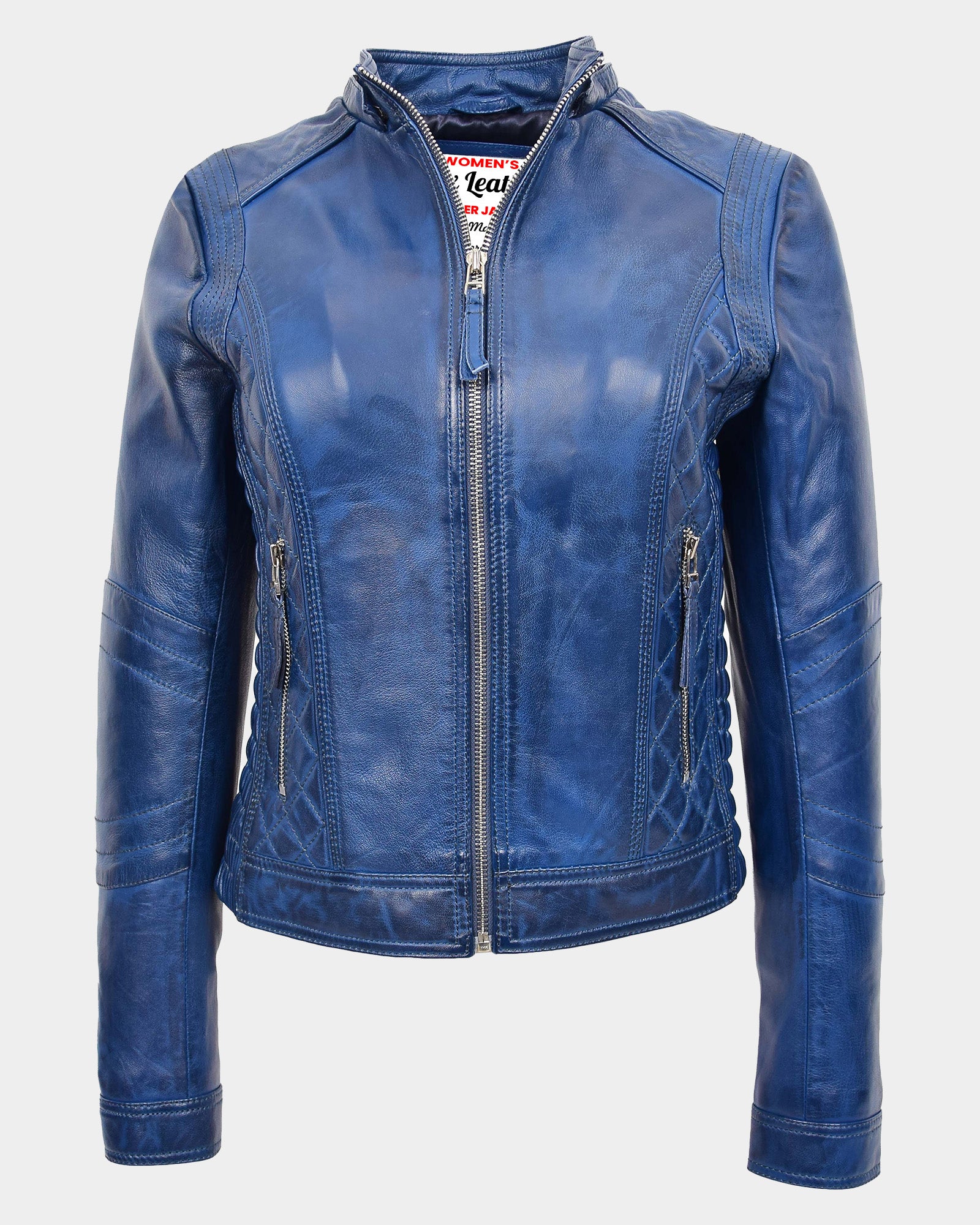 Womens Detachable Hoodie Biker Leather Jacket Lily Radiant Blue