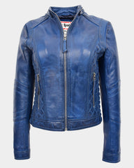 Womens Detachable Hoodie Biker Leather Jacket Lily Radiant Blue