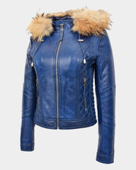 Womens Detachable Hoodie Biker Leather Jacket Lily Radiant Blue