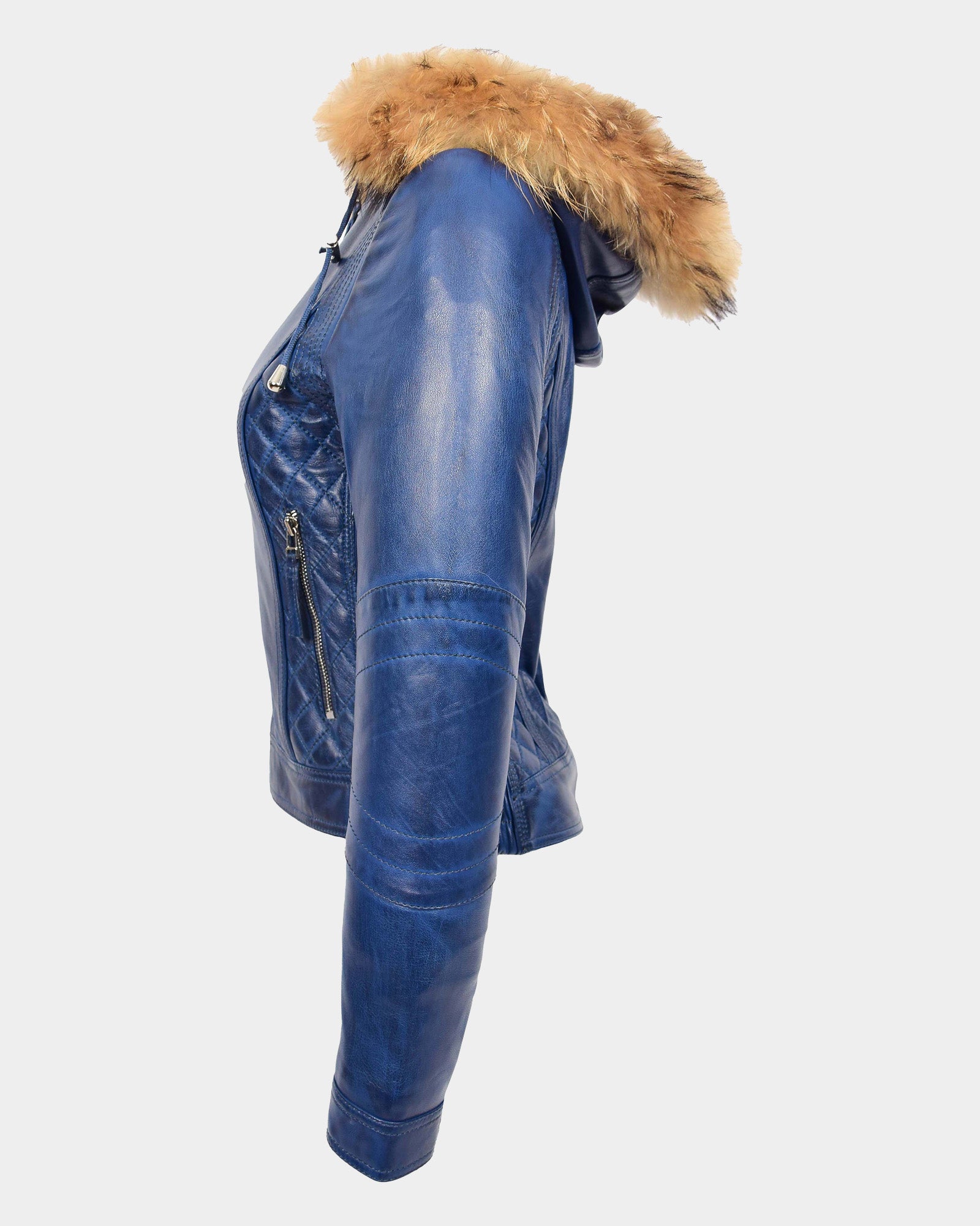 Womens Detachable Hoodie Biker Leather Jacket Lily Radiant Blue