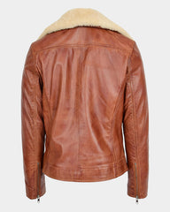 Womens Leather Biker Jacket with Detachable Collar Charmed Chestnut
