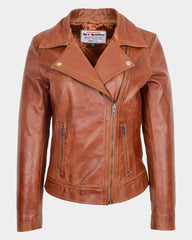 Womens Leather Biker Jacket with Detachable Collar Charmed Chestnut
