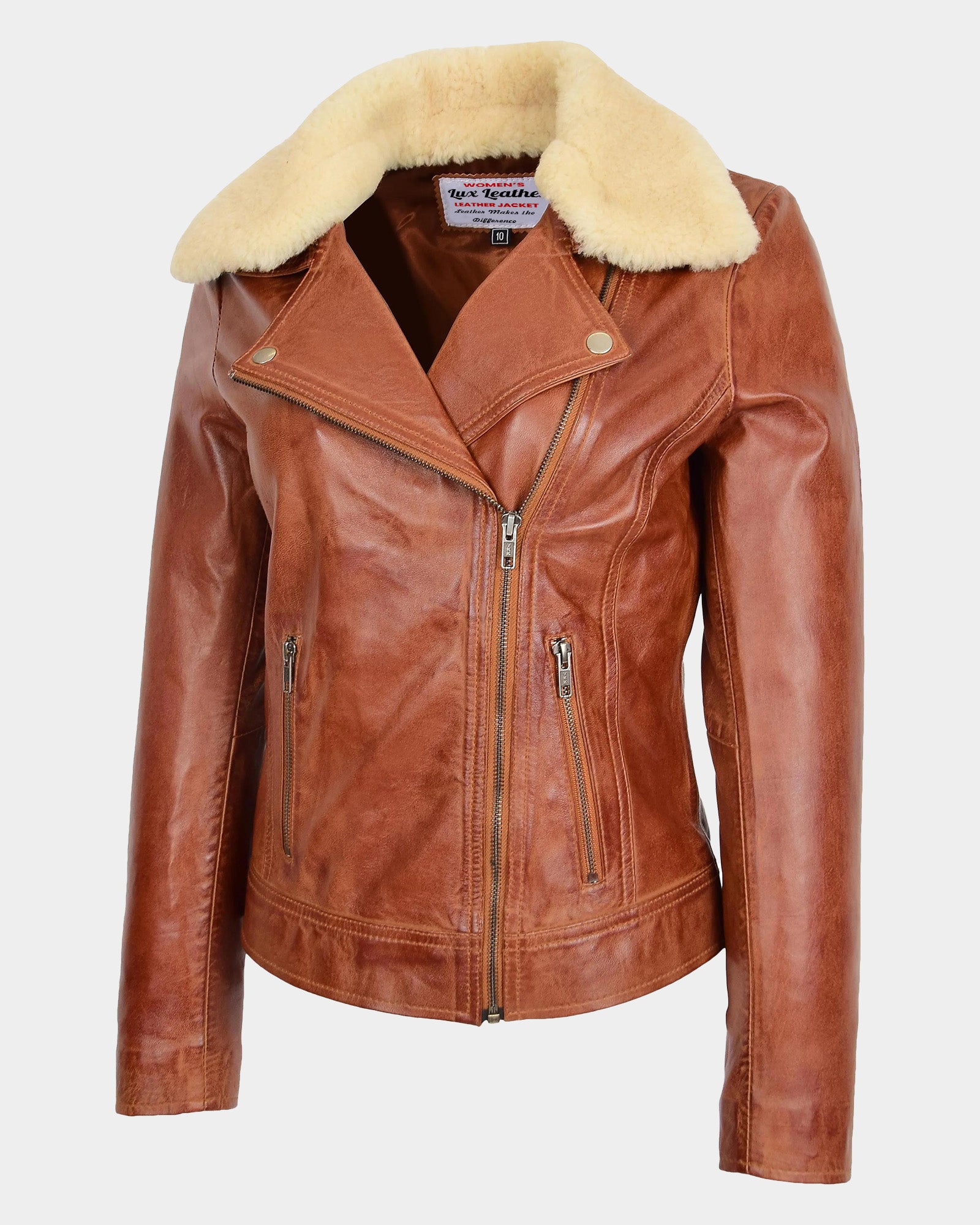 Womens Leather Biker Jacket with Detachable Collar Charmed Chestnut