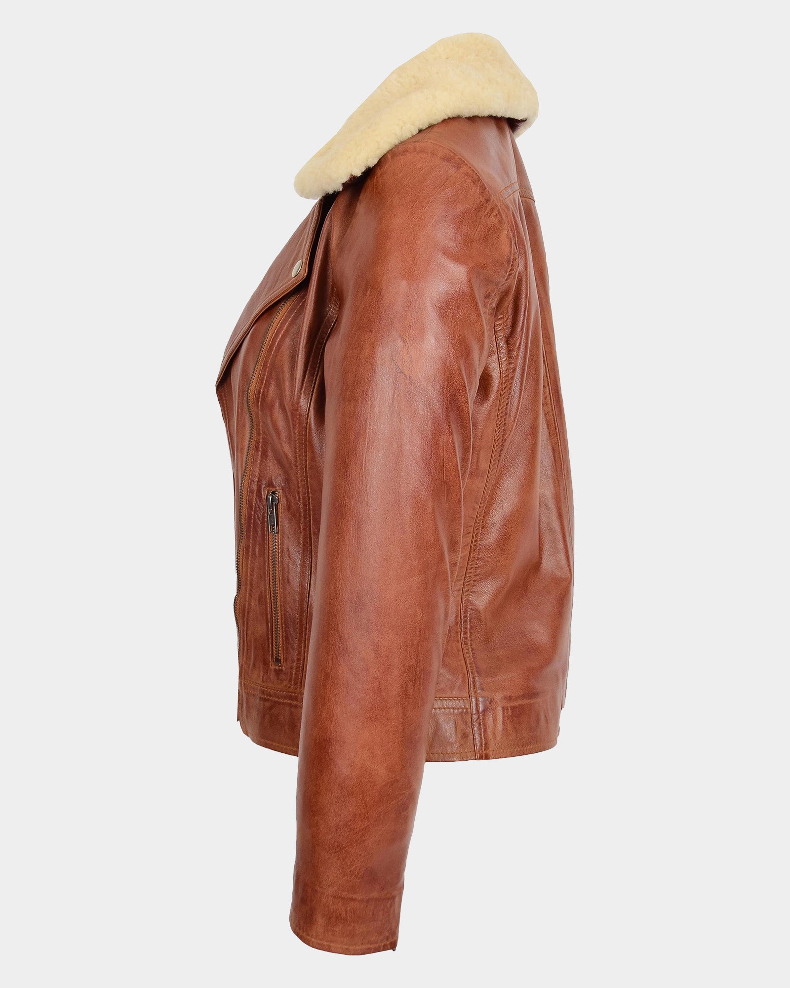 Womens Leather Biker Jacket with Detachable Collar Charmed Chestnut