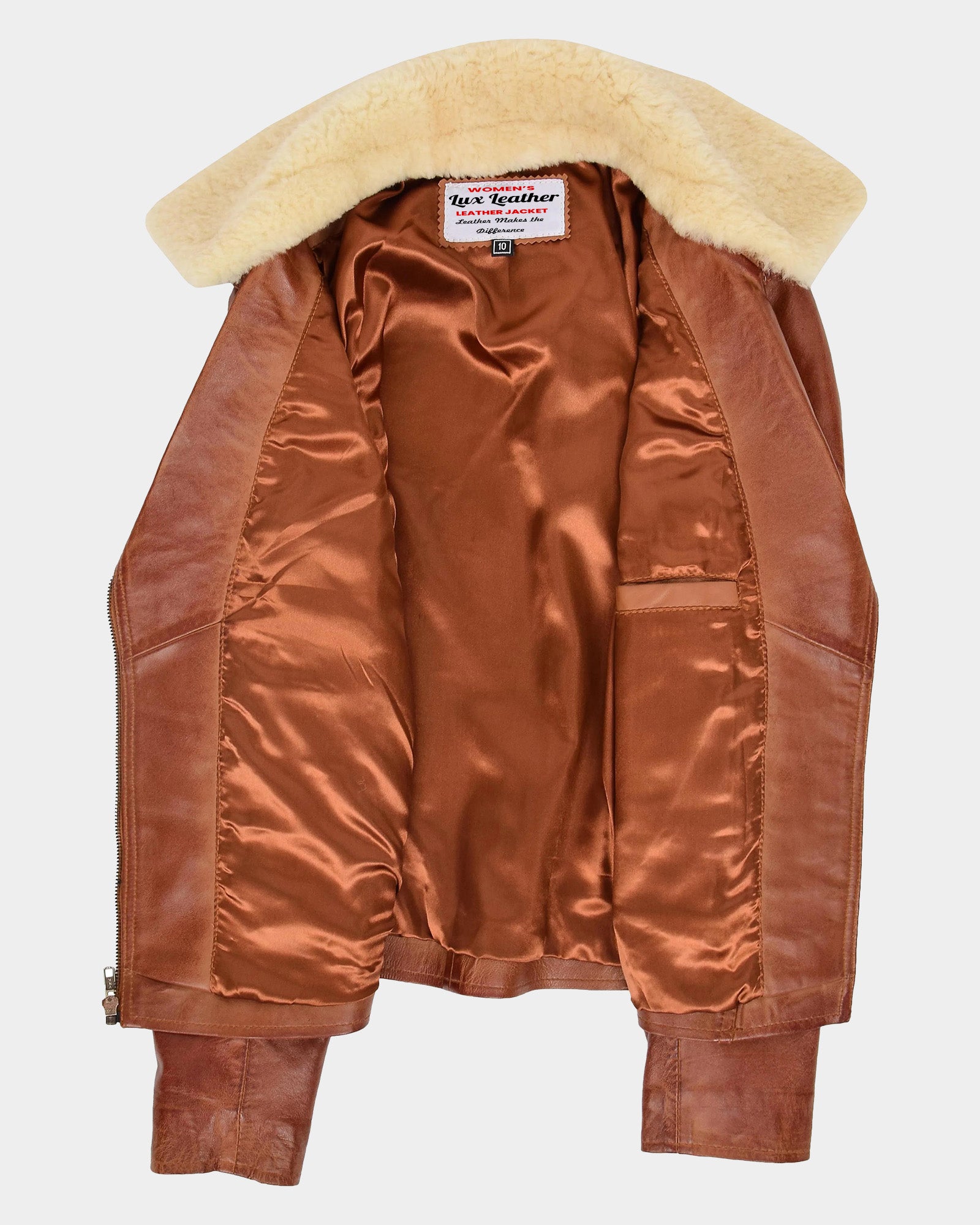 Womens Leather Biker Jacket with Detachable Collar Charmed Chestnut