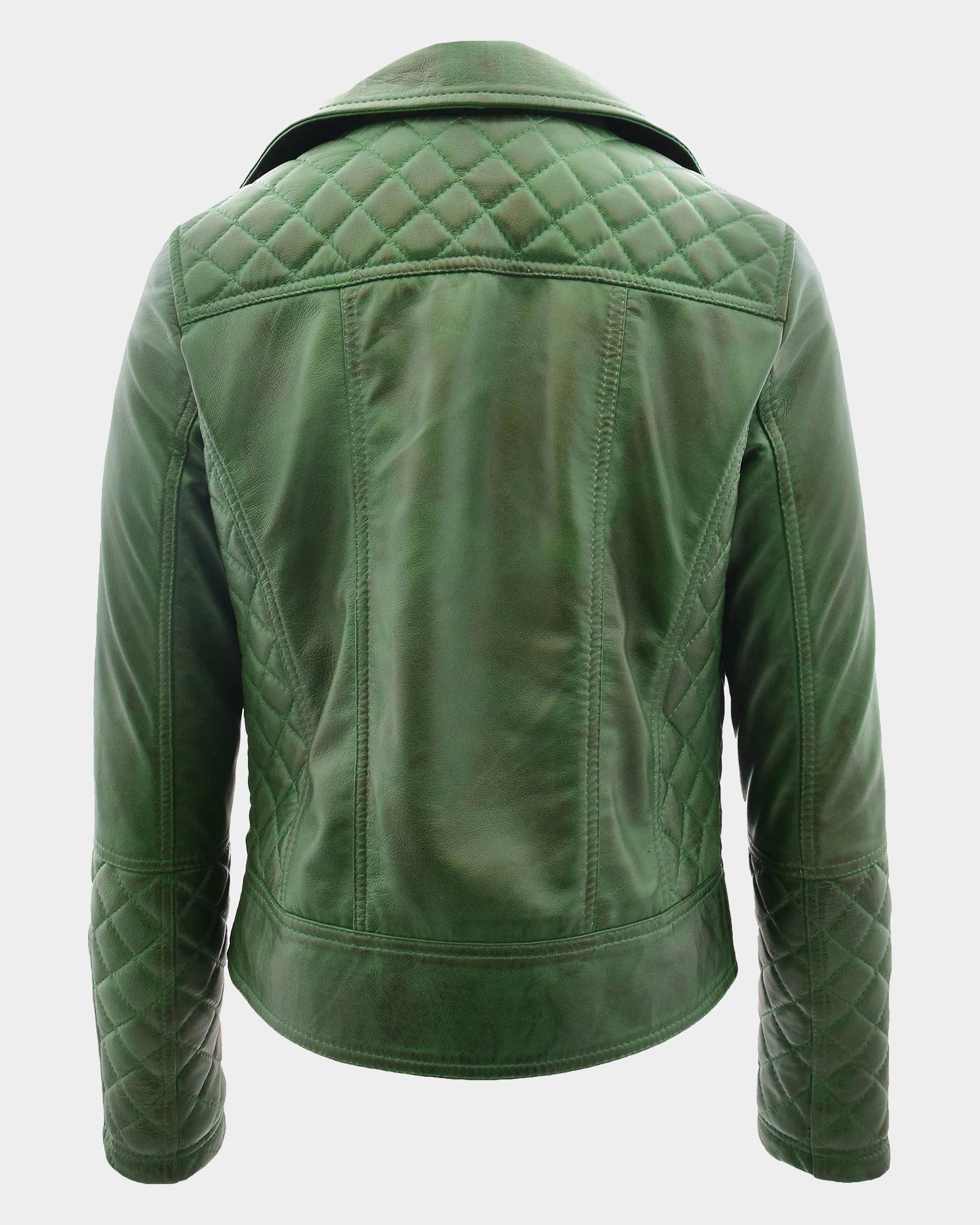 Womens Leather Biker Jacket with Quilt Detail Aurora Green