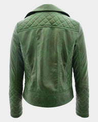 Womens Leather Biker Jacket with Quilt Detail Aurora Green