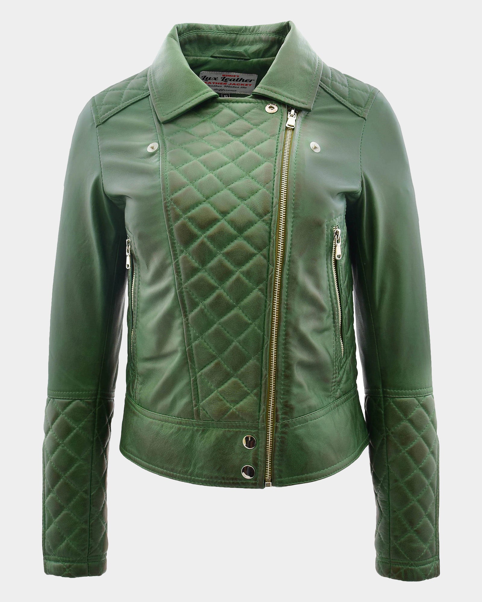 Womens Leather Biker Jacket with Quilt Detail Aurora Green