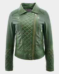 Womens Leather Biker Jacket with Quilt Detail Aurora Green