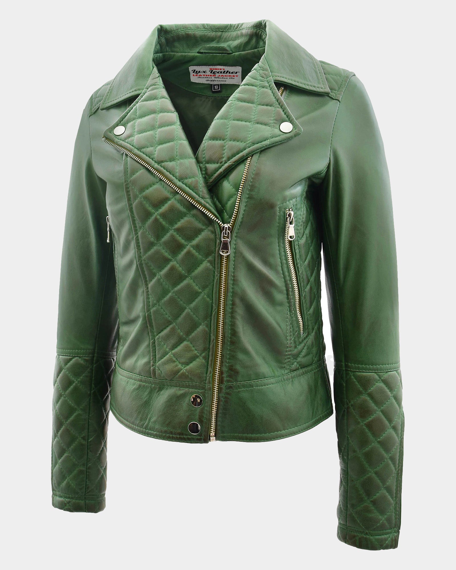 Womens Leather Biker Jacket with Quilt Detail Aurora Green
