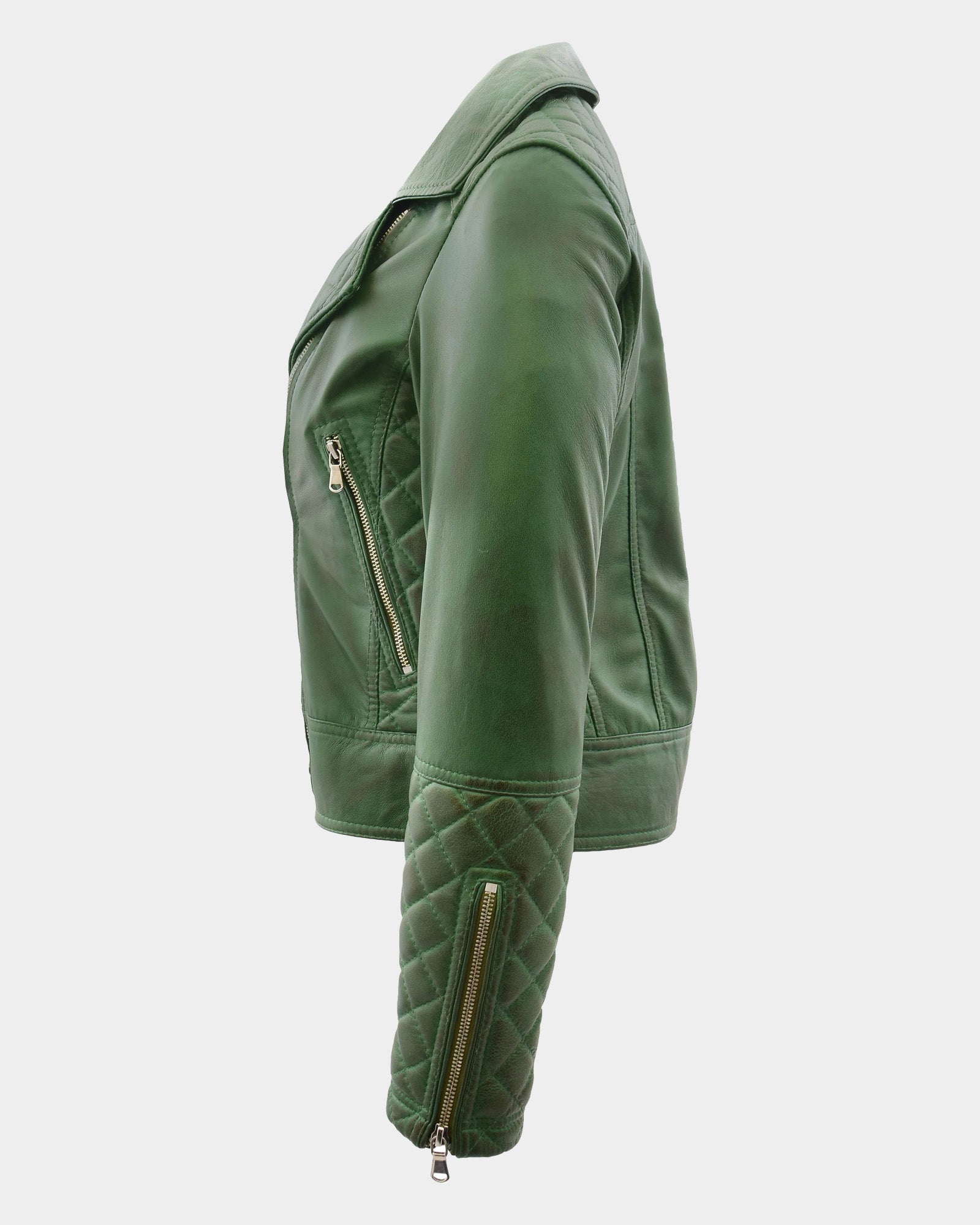 Womens Leather Biker Jacket with Quilt Detail Aurora Green