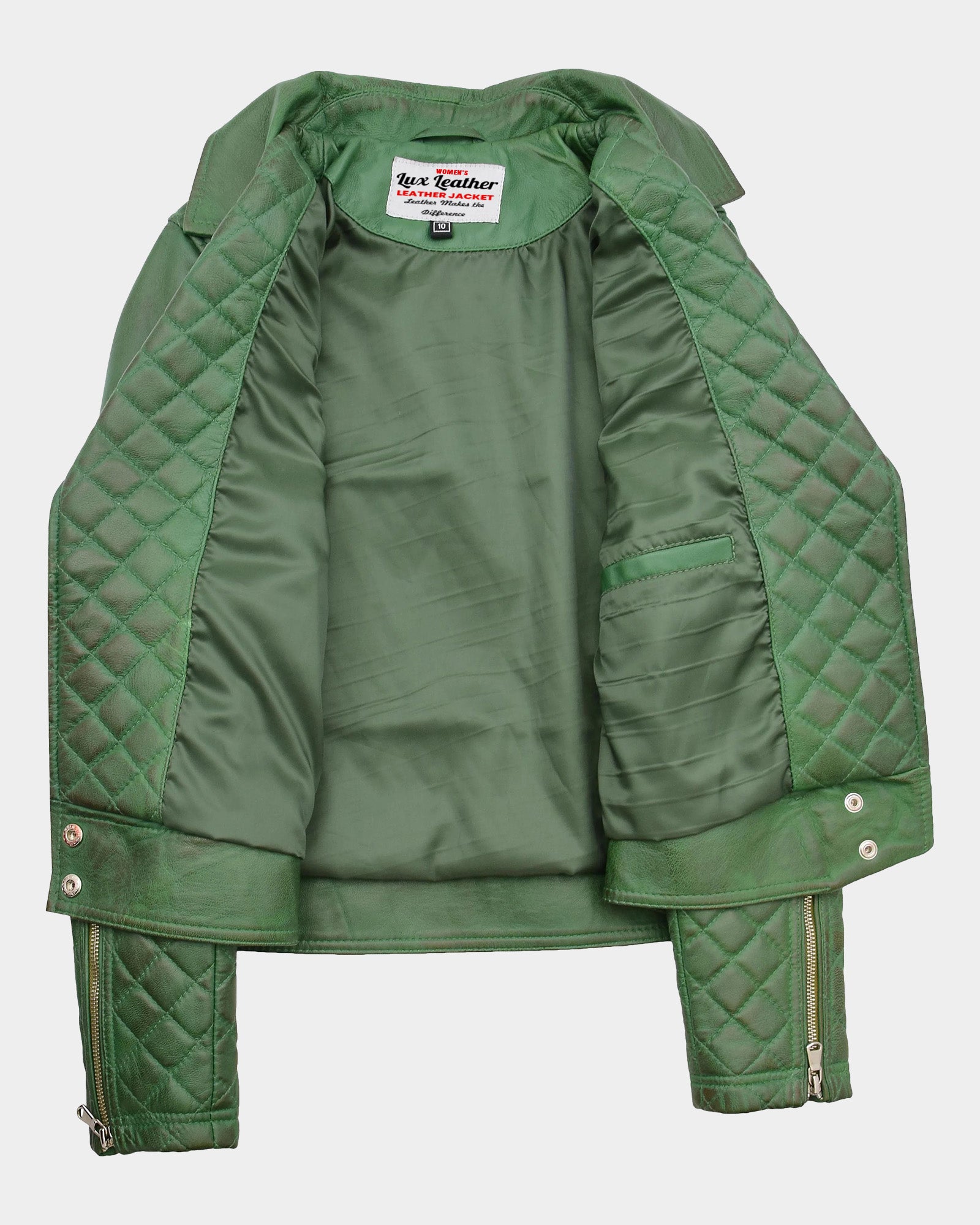 Womens Leather Biker Jacket with Quilt Detail Aurora Green