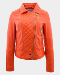 Womens Leather Biker Jacket with Quilt Detail Blissful Orange