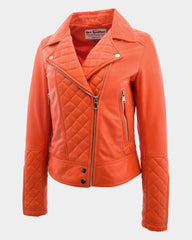 Womens Leather Biker Jacket with Quilt Detail Blissful Orange