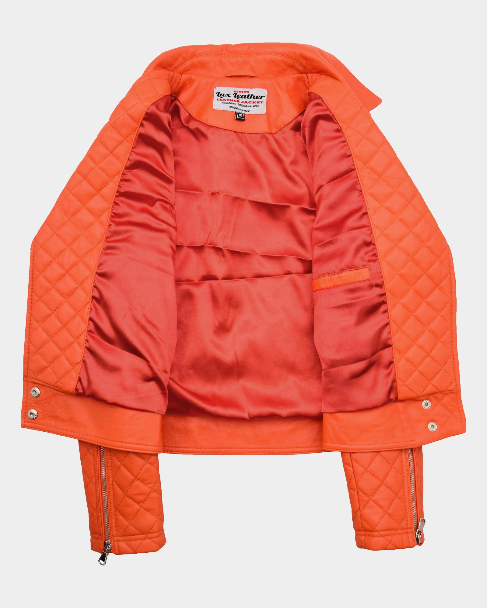 Womens Leather Biker Jacket with Quilt Detail Blissful Orange