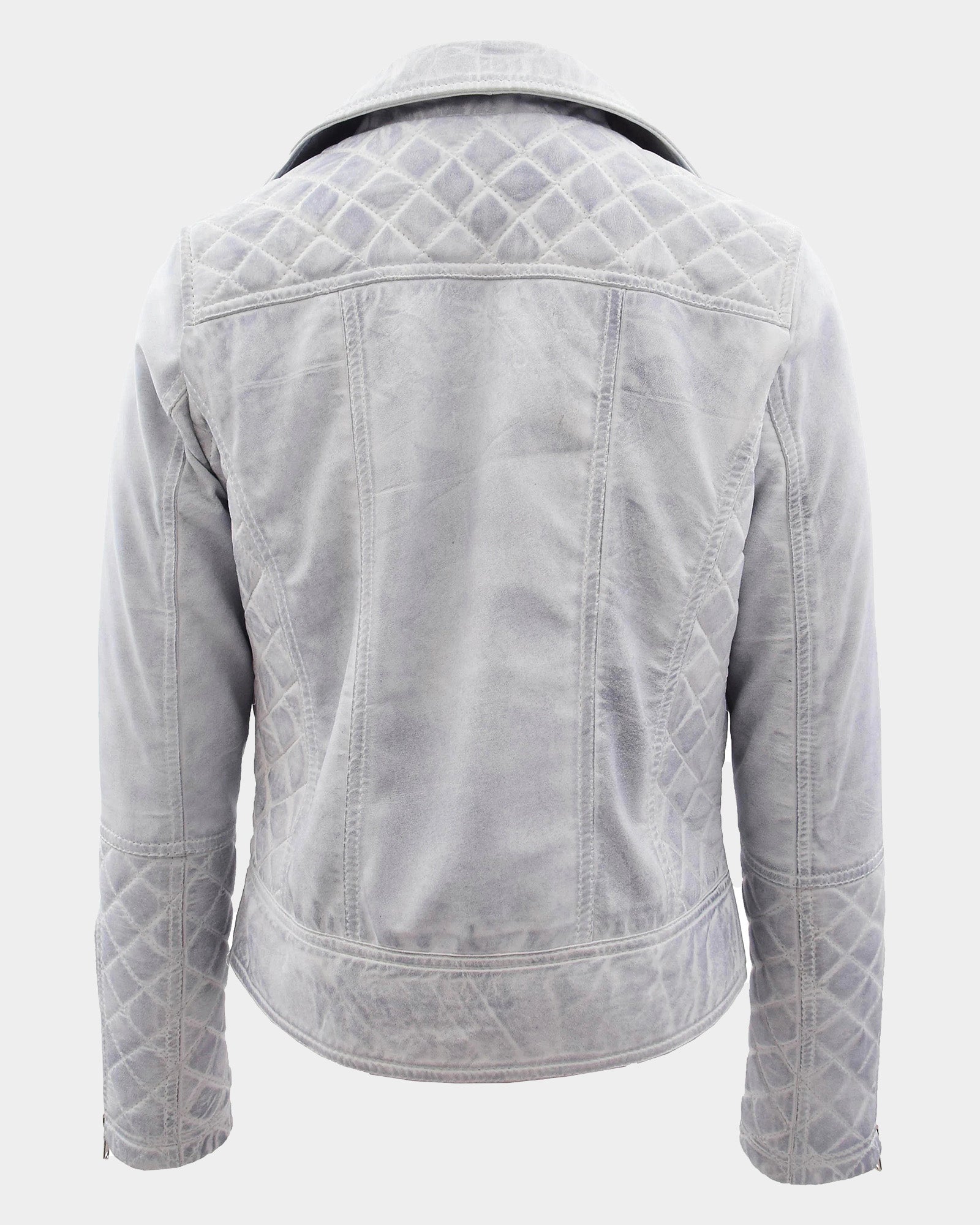 Womens Leather Biker Jacket with Quilt Detail Vintage Astral White