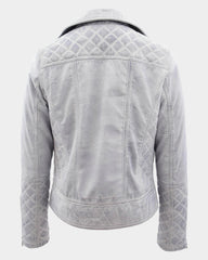 Womens Leather Biker Jacket with Quilt Detail Vintage Astral White
