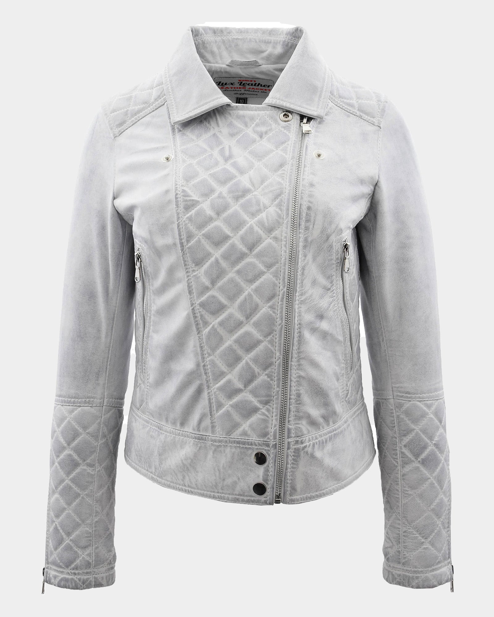 Womens Leather Biker Jacket with Quilt Detail Vintage Astral White