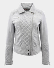 Womens Leather Biker Jacket with Quilt Detail Vintage Astral White