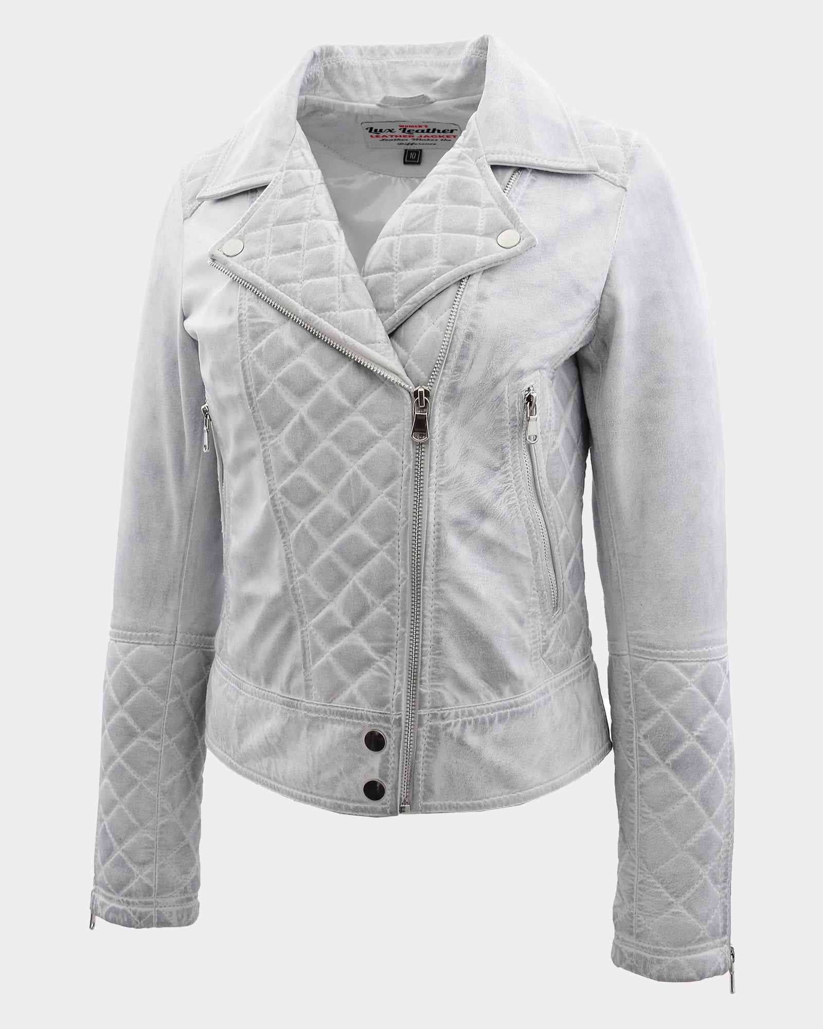 Womens Leather Biker Jacket with Quilt Detail Vintage Astral White