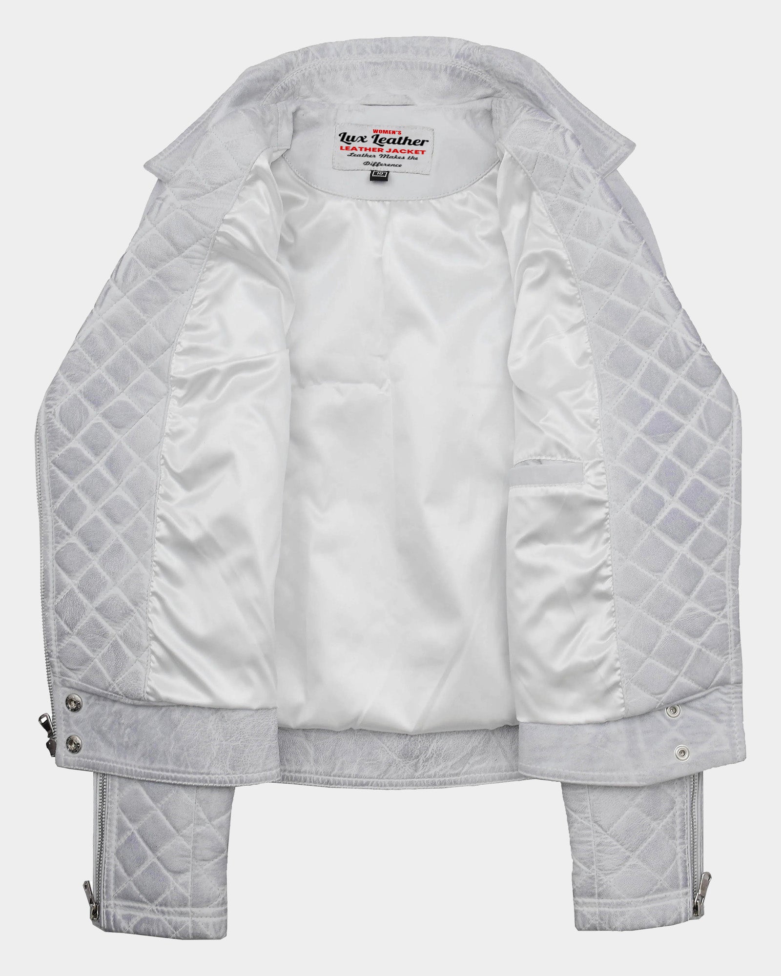 Womens Leather Biker Jacket with Quilt Detail Vintage Astral White