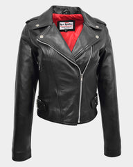 Womens Leather Biker Style Emma Cross Zip Jacket Nova Black