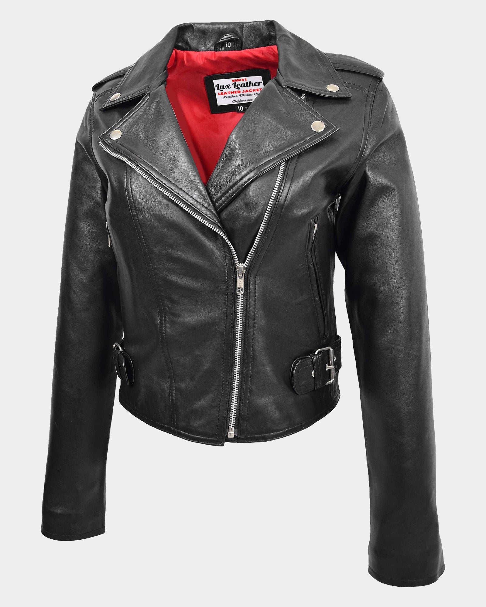 Womens Leather Biker Style Emma Cross Zip Jacket Nova Black