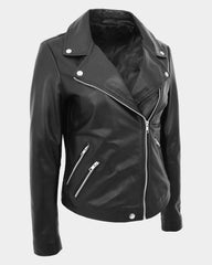 Womens Leather Biker Style Jacket Maya Cross Zip Nova Black