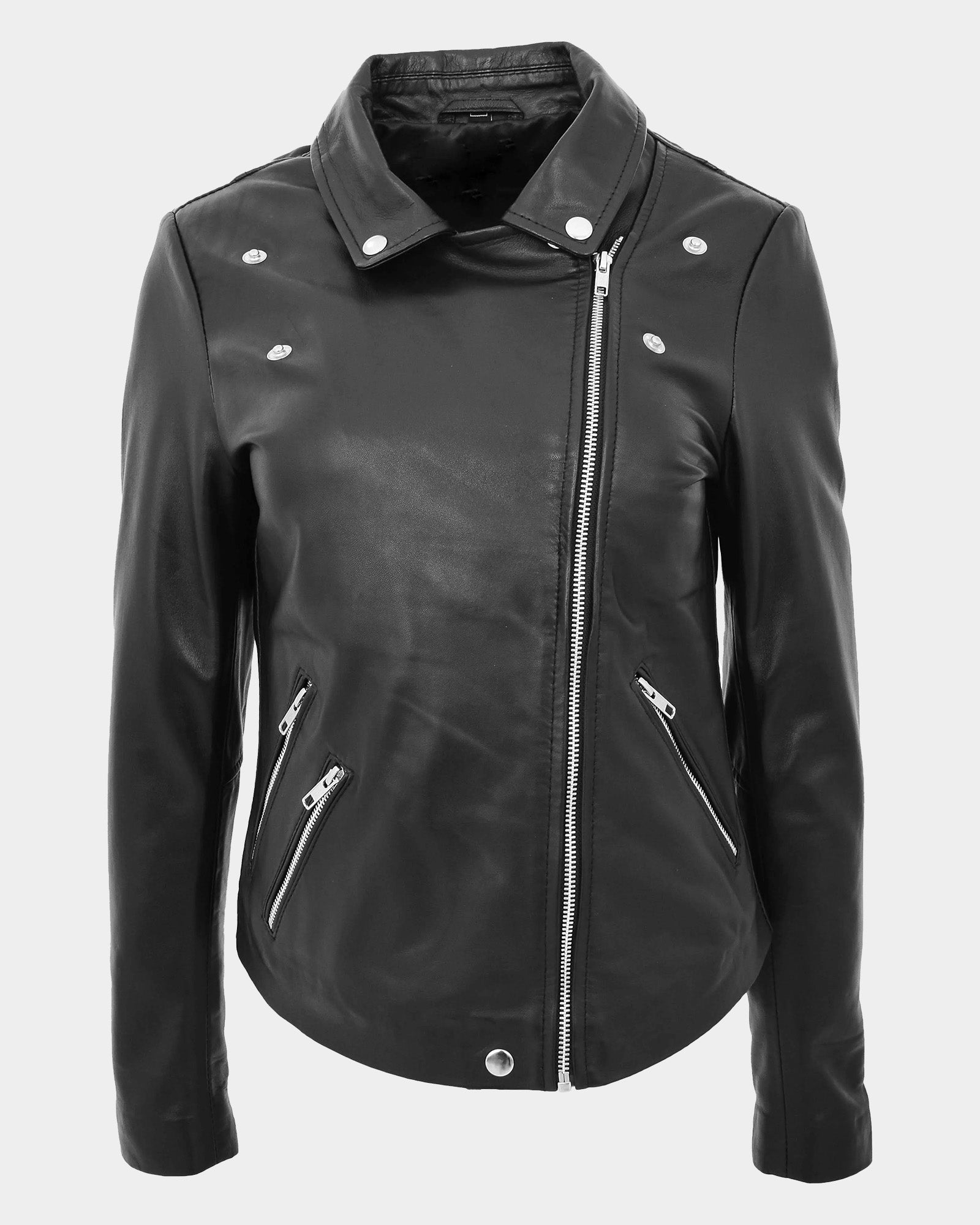 Womens Leather Biker Style Jacket Maya Cross Zip Nova Black